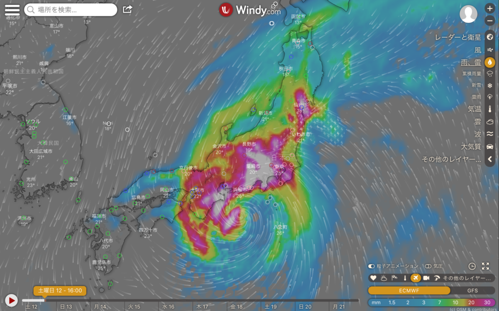 Windyの「雨、雷」